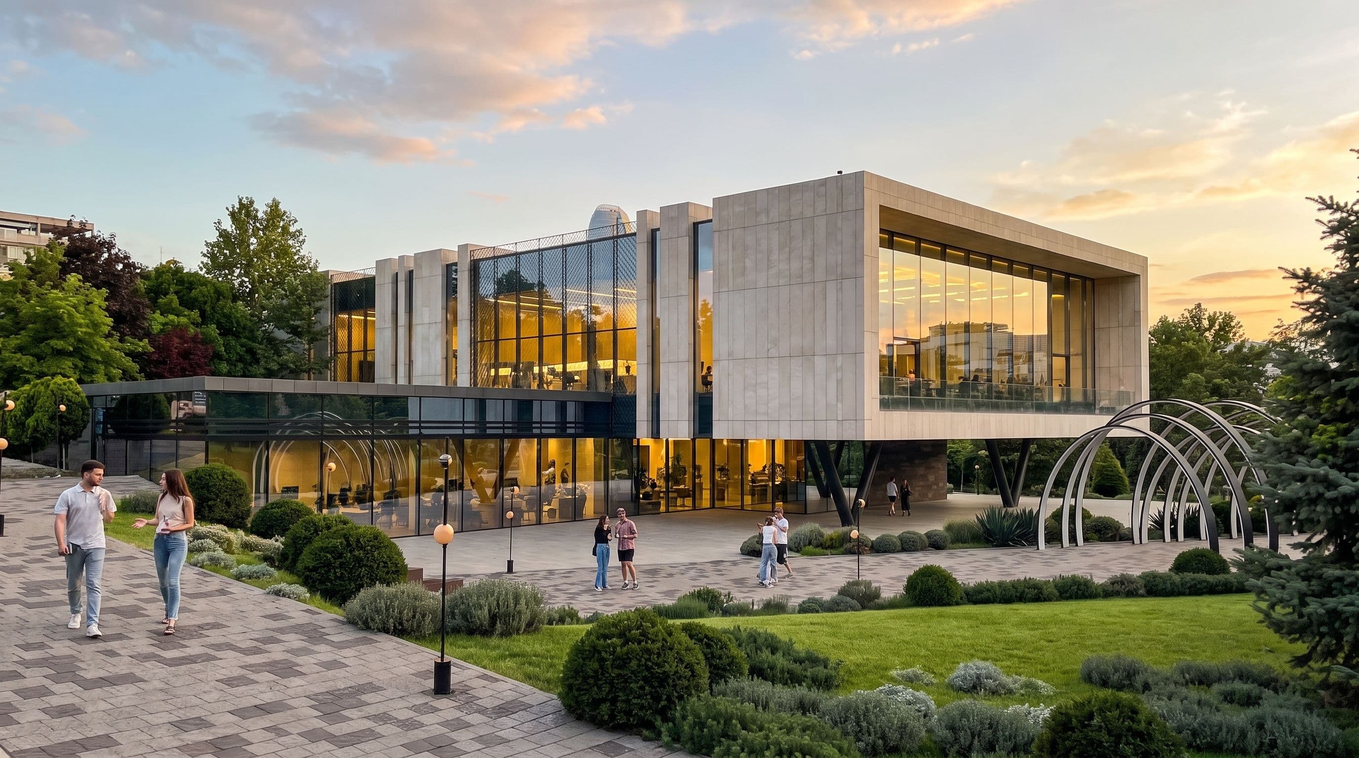 Contemporary concrete and glass embassy building elevated by a grand stone staircase and seamlessly integrated into lush, terraced hillside landscaping.